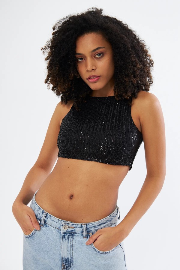Majoristik SPARKLY BÜSTİYER METALİK HALTER YAKA
